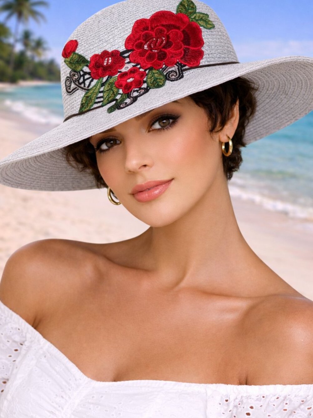 Embroidered Rose Floppy Hat